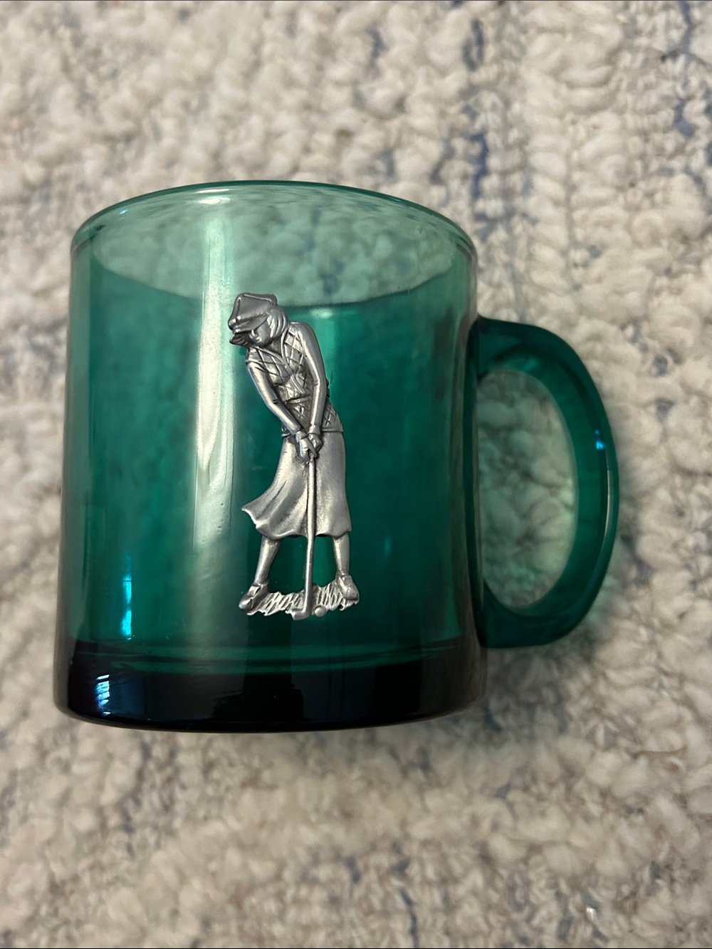 Vintage Emerald Green Glass Golf Mug Pewter Golfer Made in USA